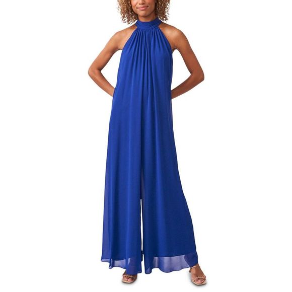 MSK Pants & Jumpsuits Msk Womens Blue Chiffon Halter Flowy Jumpsuit
